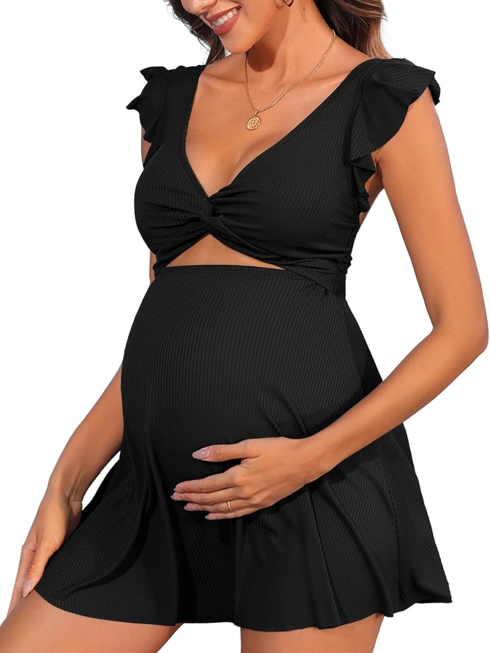 Black Maternity One-Piece Swimdress with Twist Front